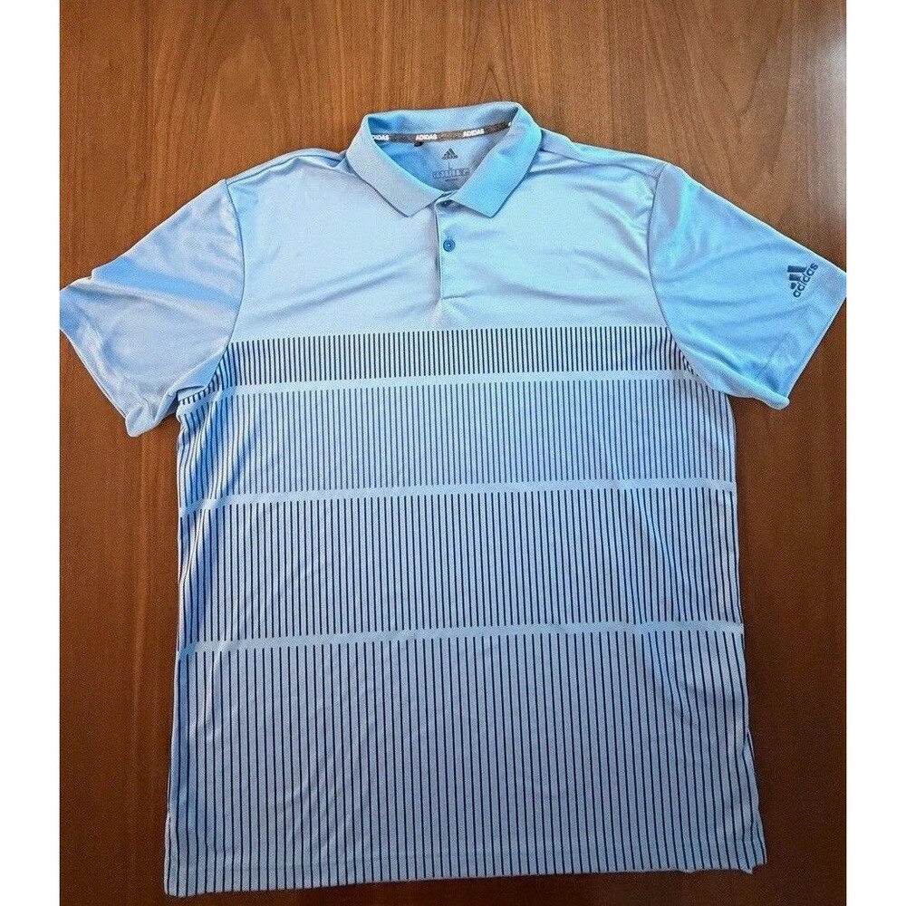 adidas Men’s Blue Striped Short Sleeve Polo Shirt, Size L, Logo Buttons